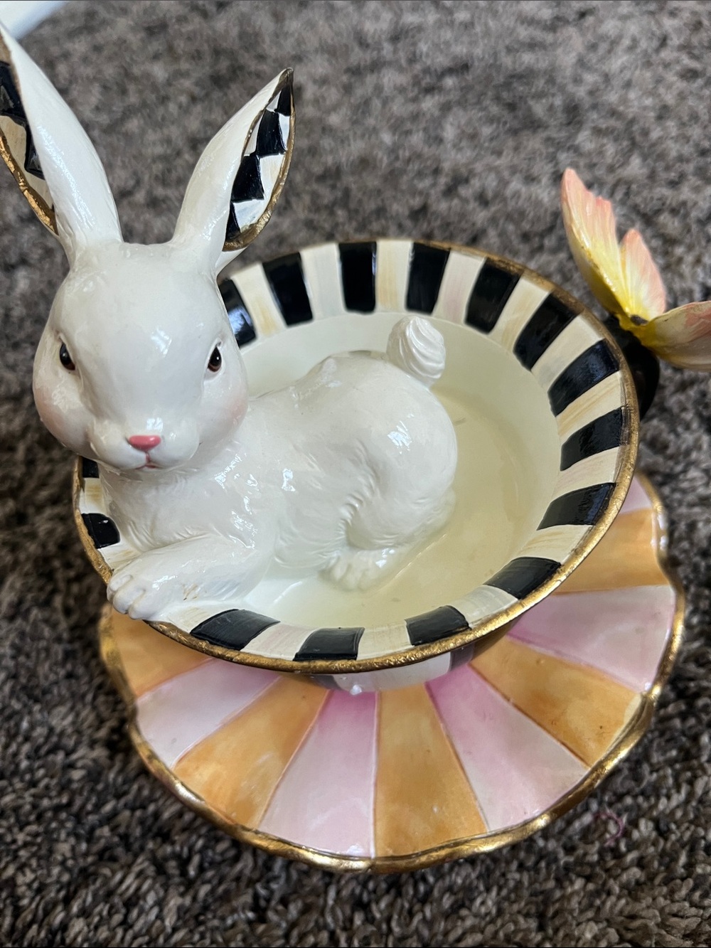 Mackenzie Childs Ceramic Bunny Teacup Dish in White, Black & Pink. New. No tags